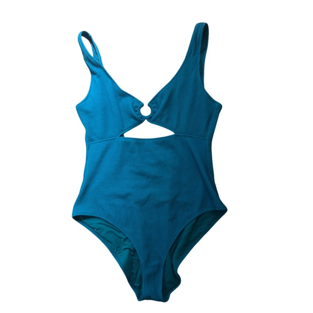 American Eagle Teal Blue Cutout O-Ring One Piece Swimsuit XL Ribbed Textured